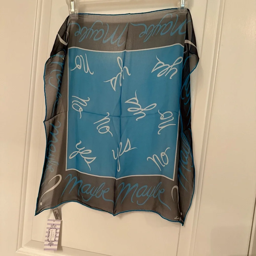 LULU GUINNESS NEW SCARF BLACK BLUE GRAPHIC YES NO MAYBE SILK SQUARE NWT
